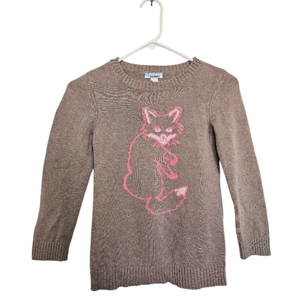 Old Navy Girls Pink Fox Knit Sweater Tan Long Sleeve Cotton Size S 6-7
